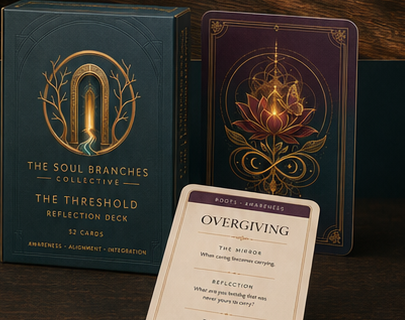 The Threshold Reflection Deck box with an illuminated doorway emblem, lotus card back, and Overgiving reflection card.